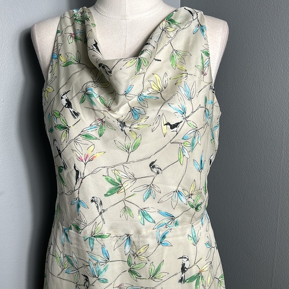 The Limited A-line Chiffon dress Light Lime Green with Leave and Bird Print sz 8 - Picture 2 of 13